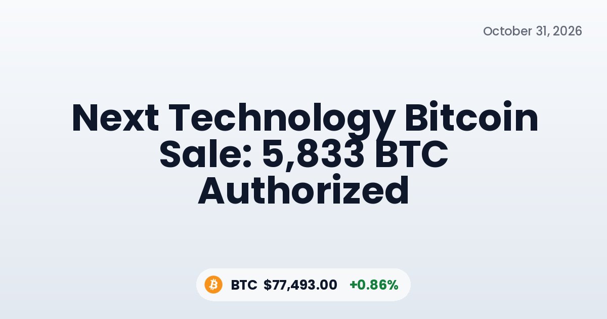Next Technology Bitcoin Sale: 5,833 BTC Authorized